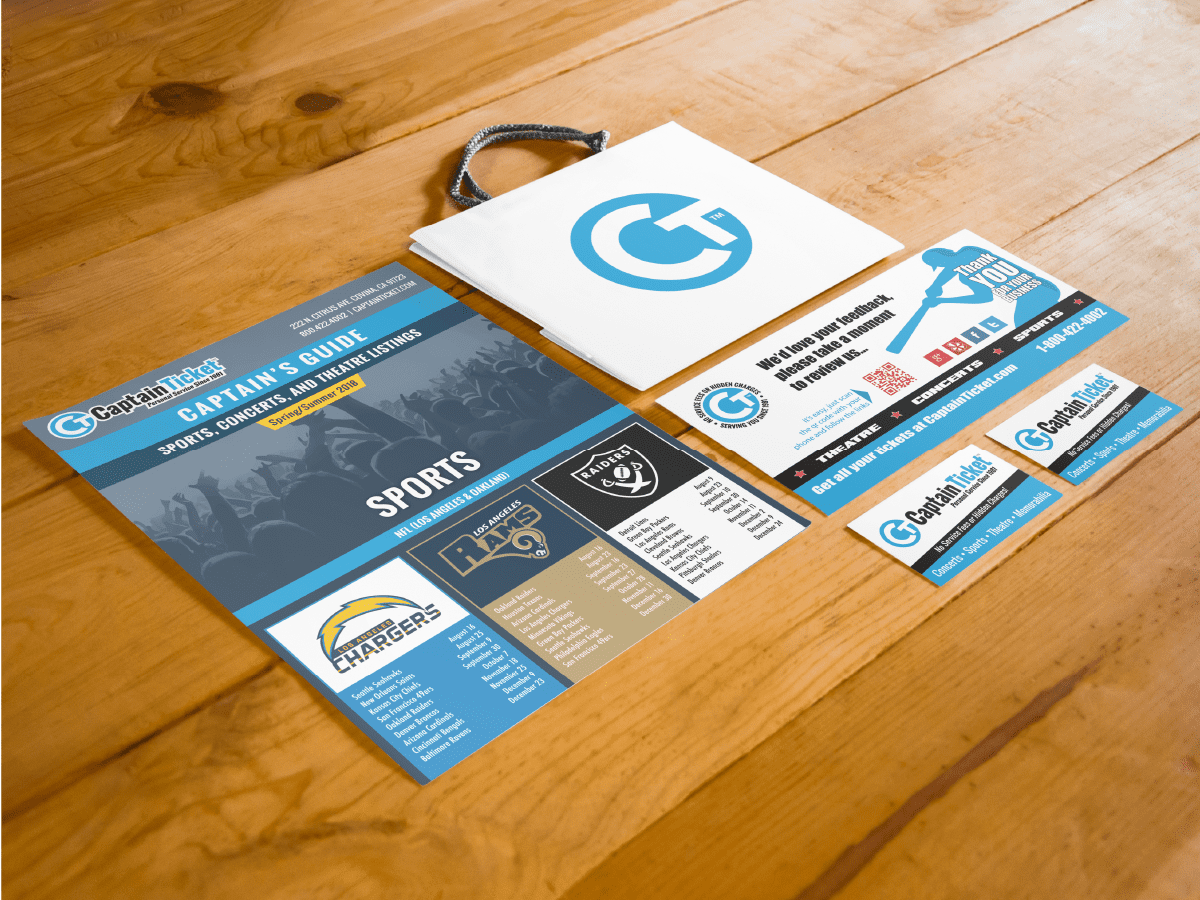 Captain Ticket Branding Package: Flyer, Gift Bags, Review Cards, Business Cards
